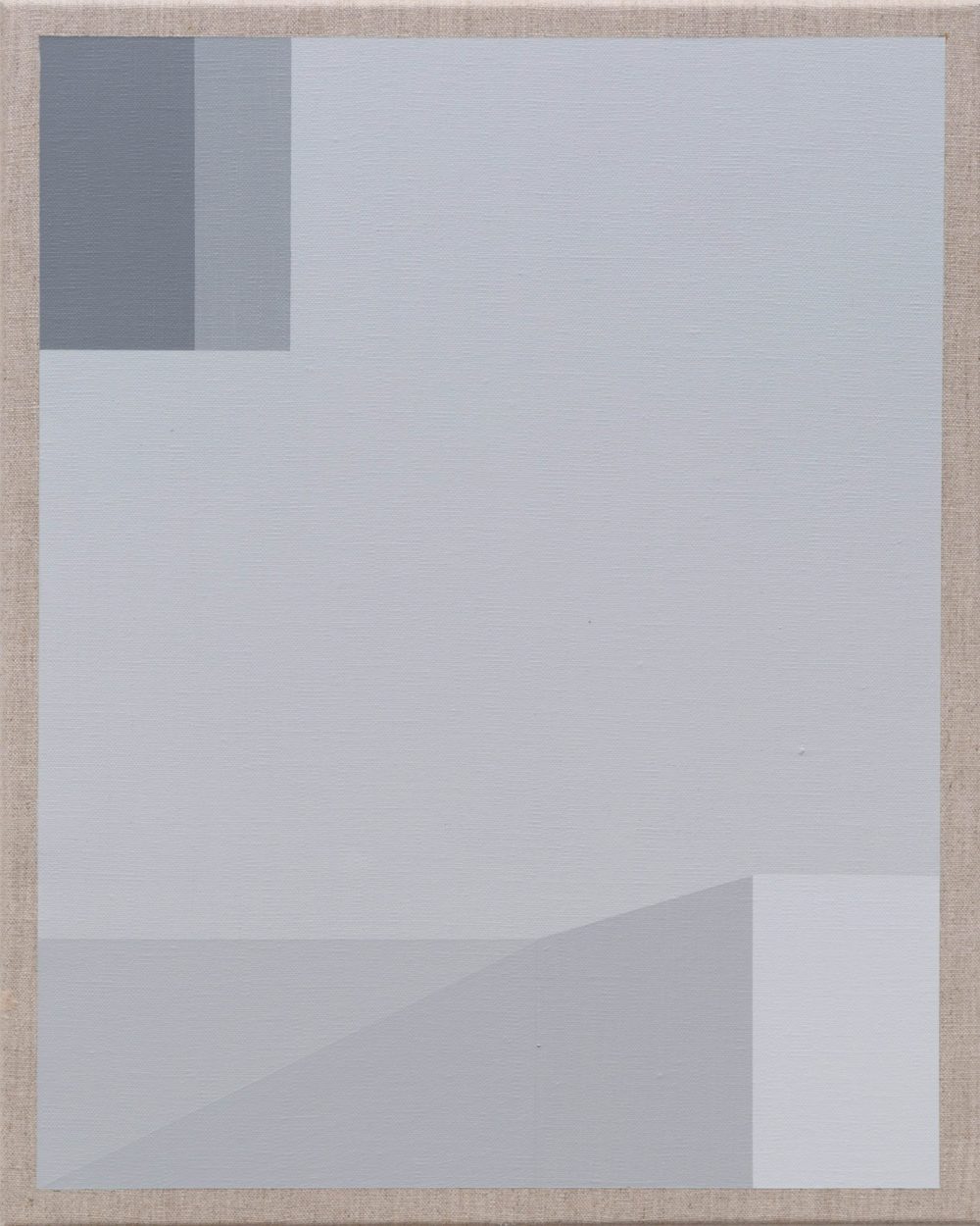 Abstract painting with soft gray gradients, geometric shapes, and a minimalist composition on canvas.