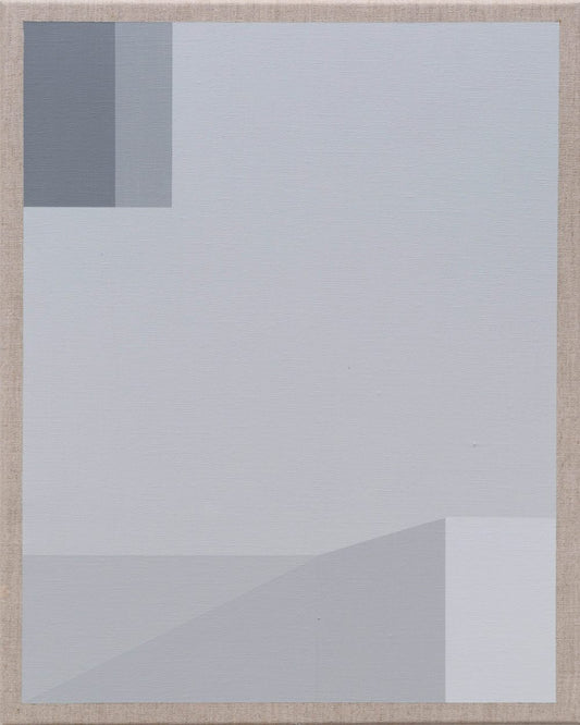 Abstract painting with soft gray gradients, geometric shapes, and a minimalist composition on canvas.