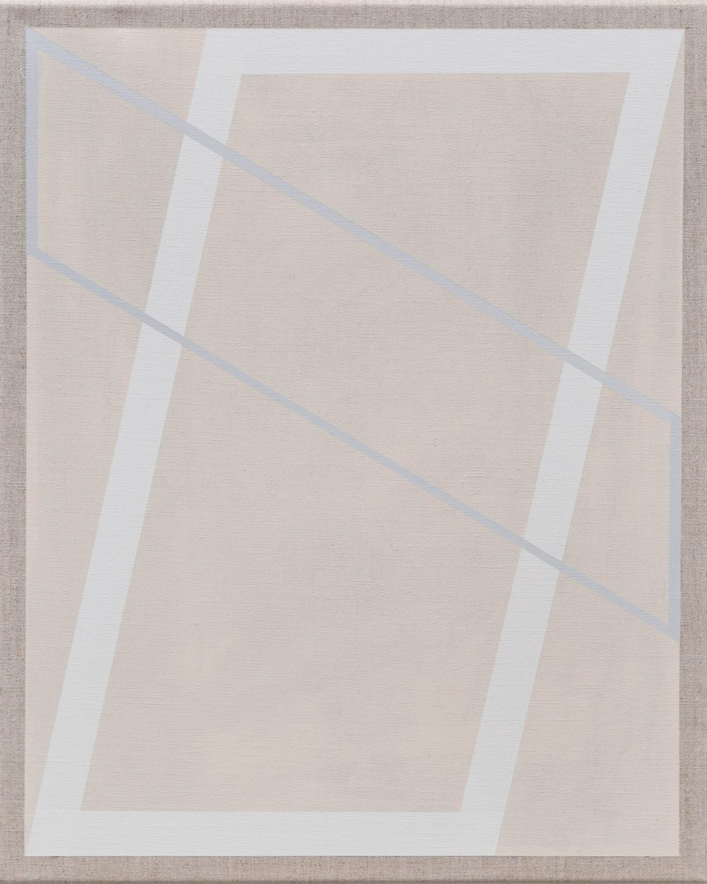 Minimalist geometric painting with intersecting white and gray lines on a neutral beige background.