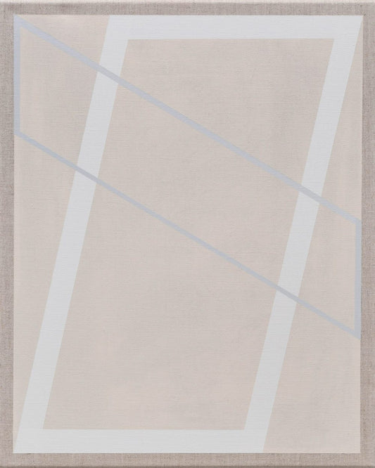 Minimalist geometric painting with intersecting white and gray lines on a neutral beige background.