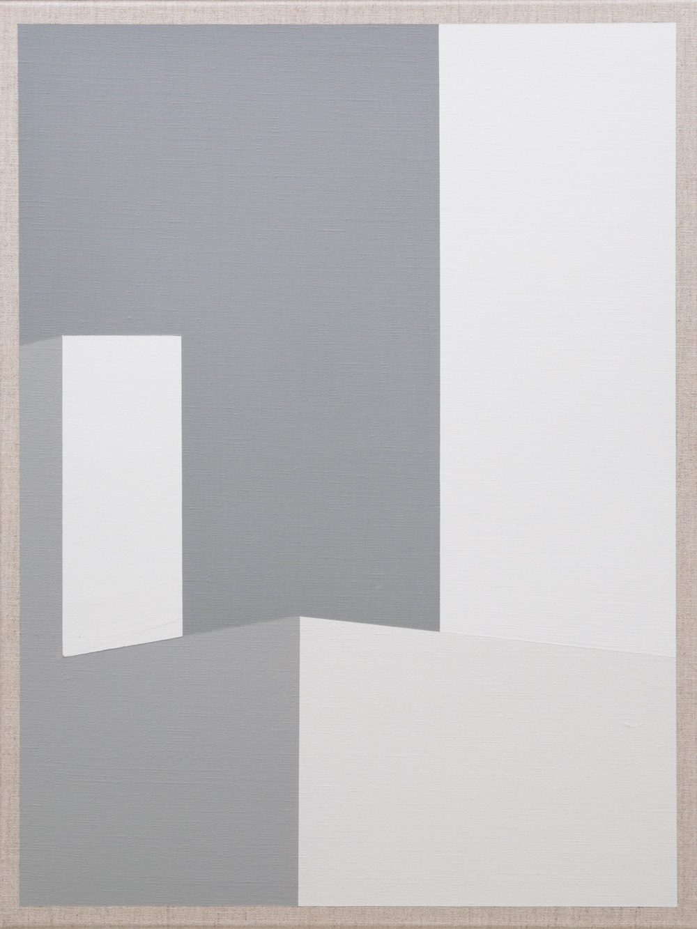 Minimalist painting with white and gray geometric blocks creating a modern architectural composition.