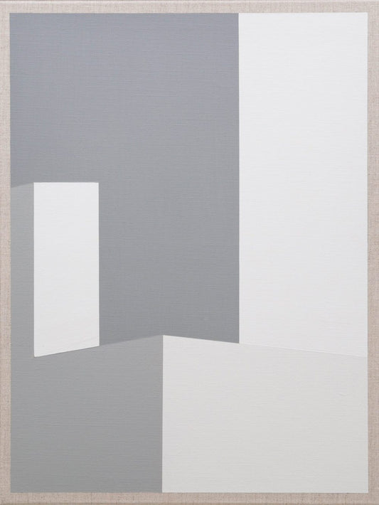 Minimalist painting with white and gray geometric blocks creating a modern architectural composition.