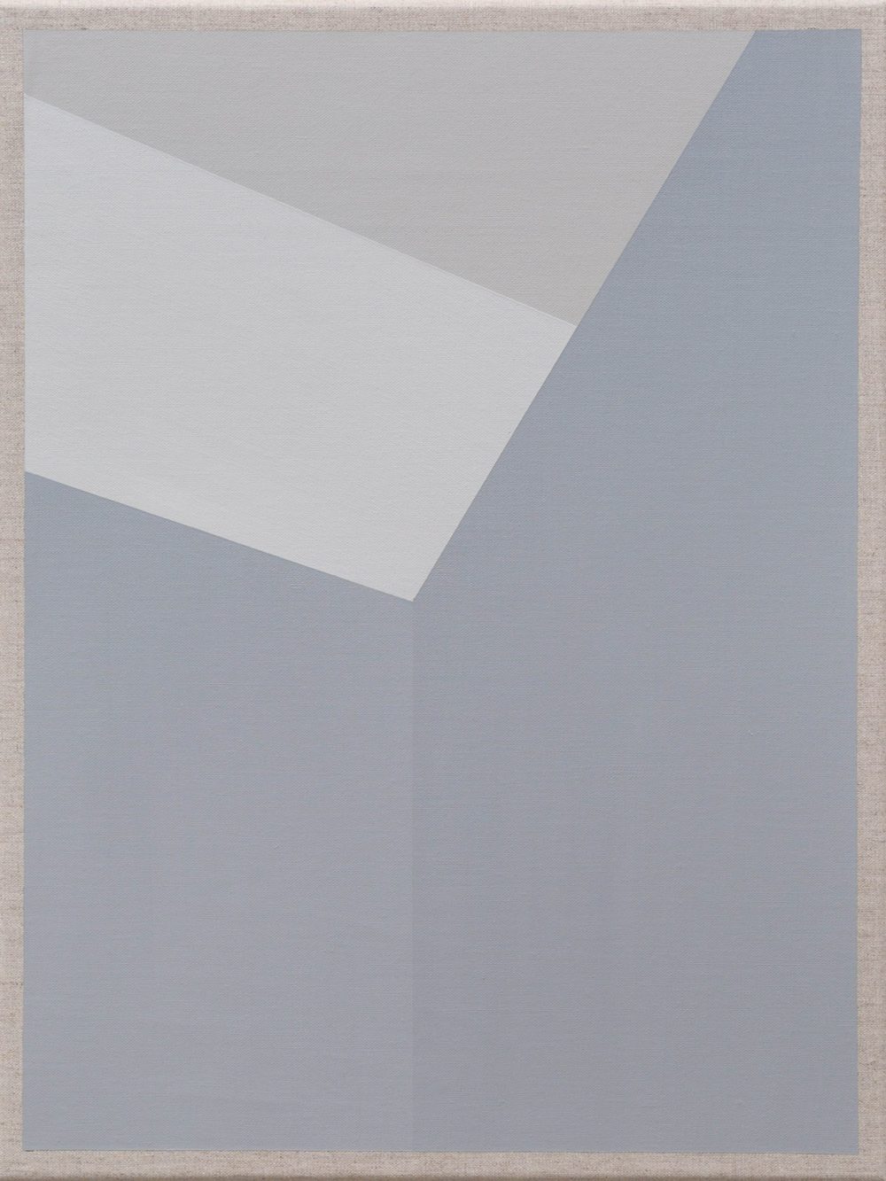 Abstract painting with angular white and gray forms on a muted blue-gray background.