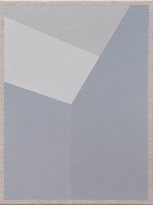 Abstract painting with angular white and gray forms on a muted blue-gray background.
