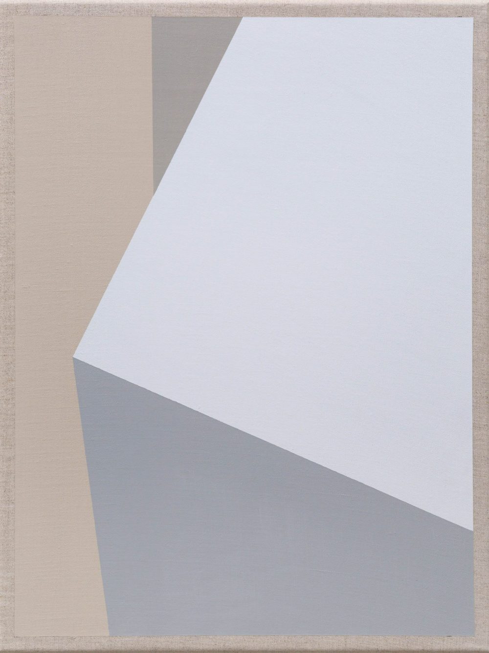 Minimalist painting with angled white and gray shapes against a beige background