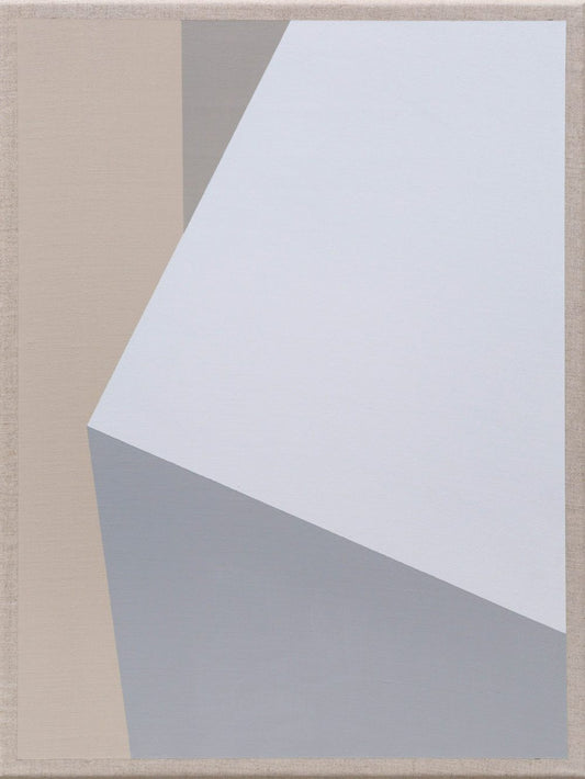Minimalist painting with angled white and gray shapes against a beige background