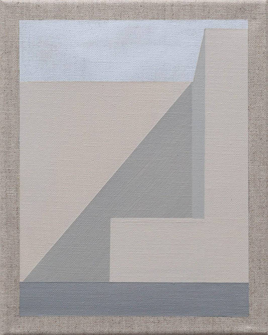 Minimalist painting with geometric shapes in beige, gray, and blue tones forming a step-like structure.