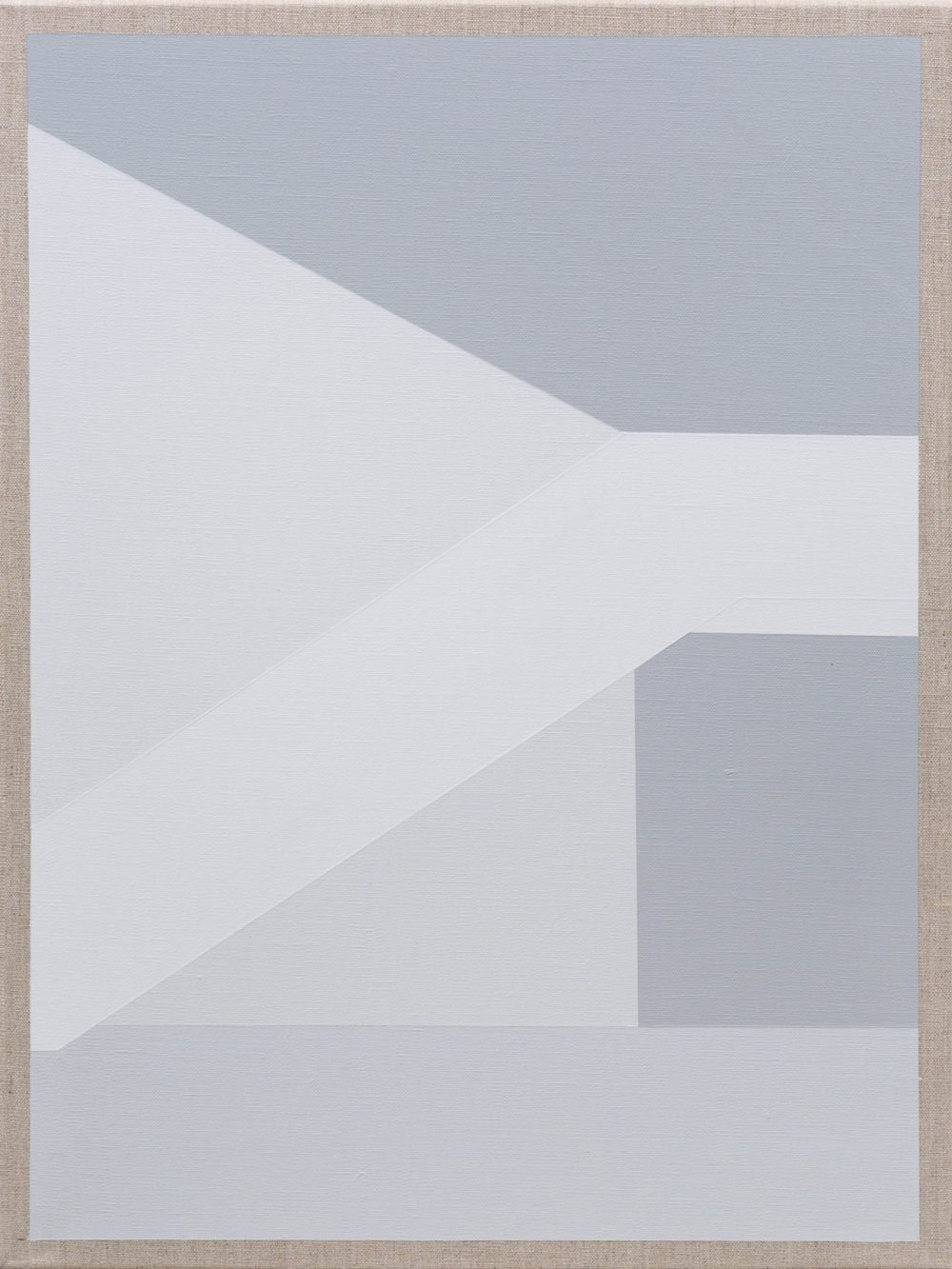 Geometric abstract painting with intersecting white and gray shapes forming layered structures.