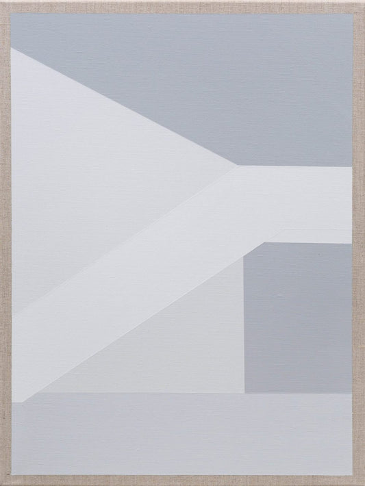 Geometric abstract painting with intersecting white and gray shapes forming layered structures.