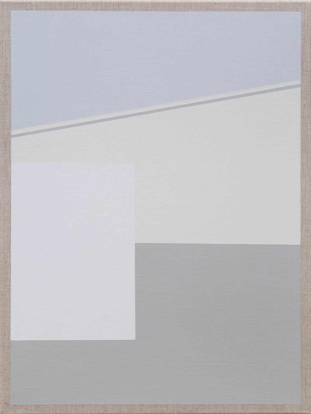 Abstract painting with soft gray tones, white shapes, and subtle diagonal line accents.