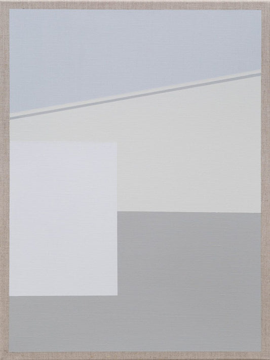 Abstract painting with soft gray tones, white shapes, and subtle diagonal line accents.