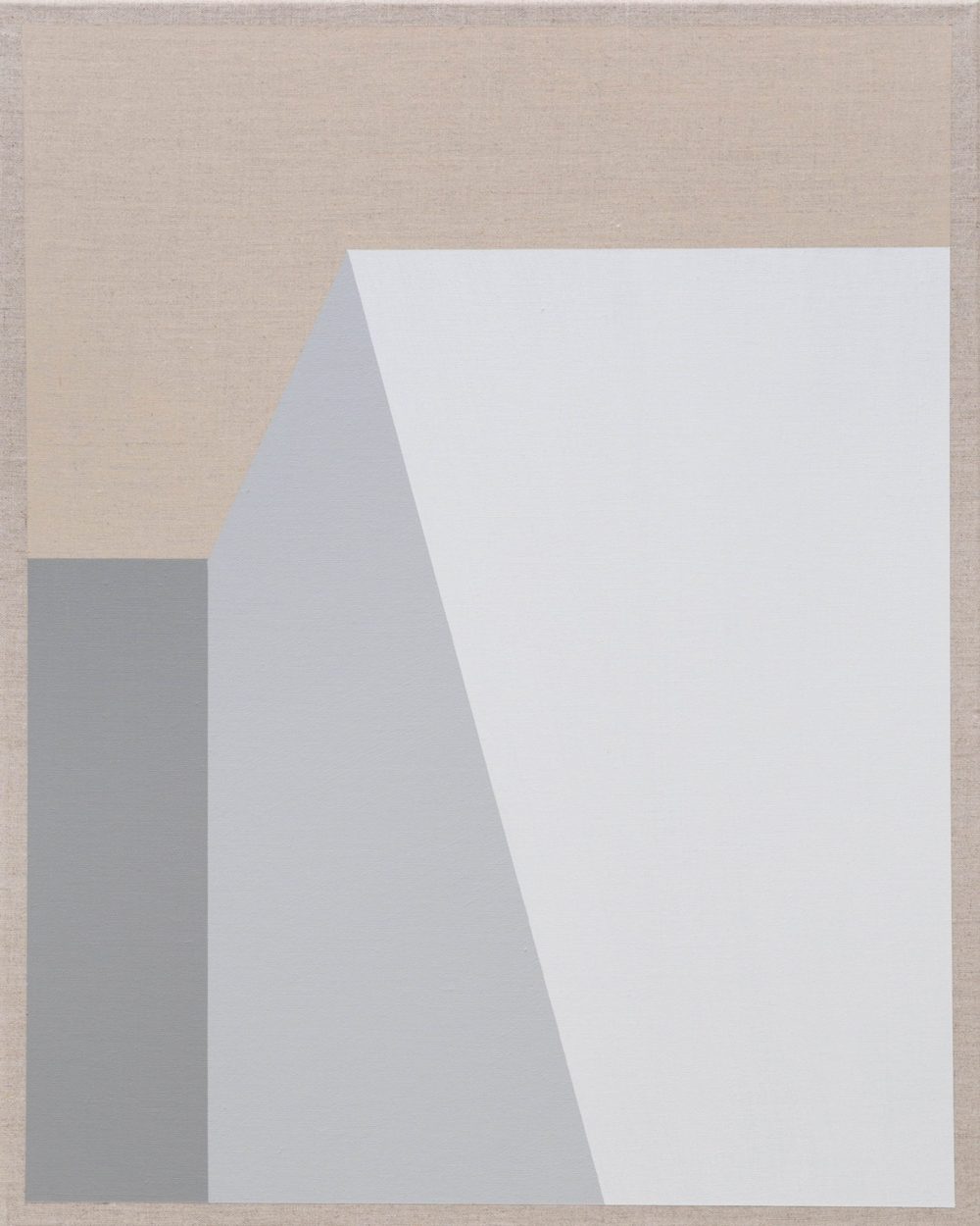 Minimalist artwork featuring angular gray and white geometric shapes with a beige backdrop.