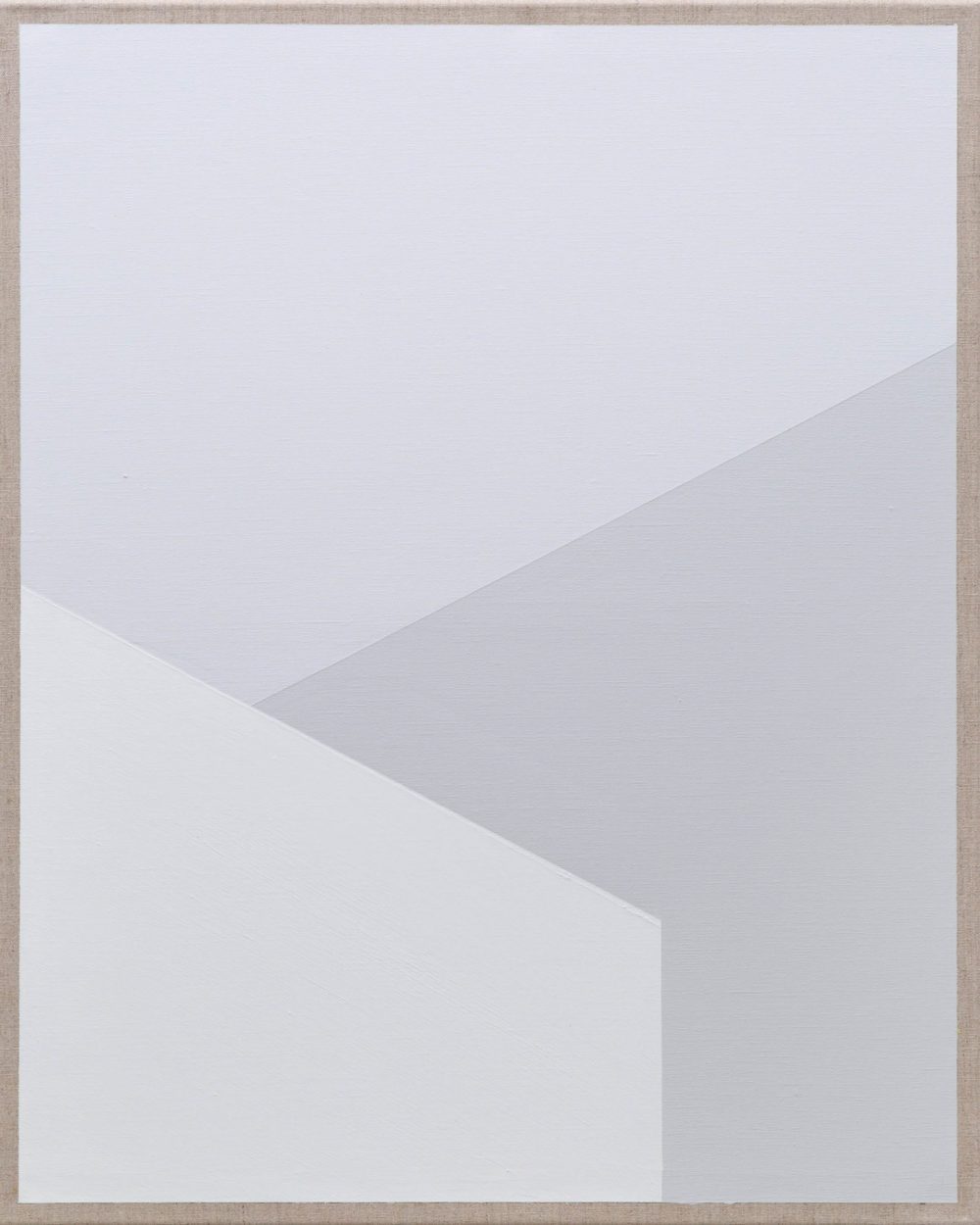 Abstract painting with intersecting light gray and white geometric planes, evoking modern minimalism.