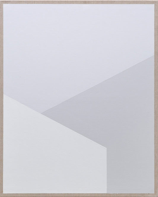 Abstract painting with intersecting light gray and white geometric planes, evoking modern minimalism.