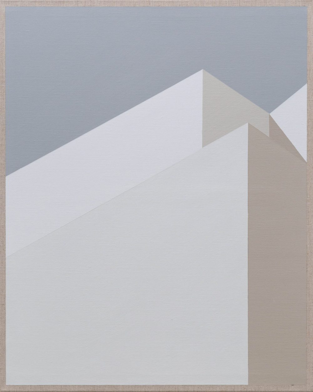 Minimalist painting of geometric shapes in soft gray and beige tones, resembling abstract architecture.