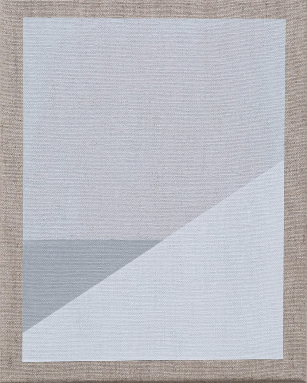 Abstract painting with soft blue and white triangular shapes creating a serene geometric composition.