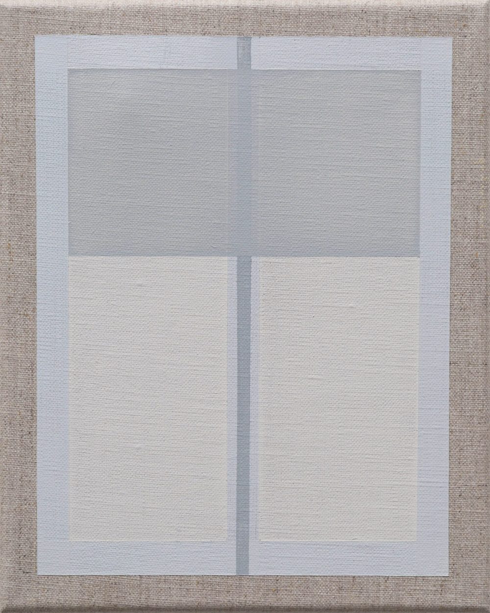 Minimalist painting featuring intersecting pale blue and white rectangular shapes with textured edges.