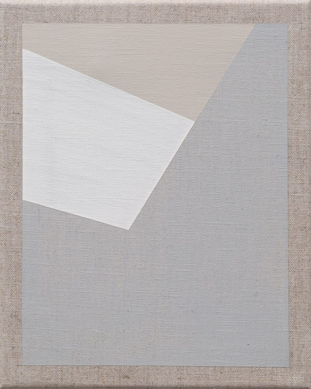 Minimalist geometric painting with overlapping beige, white, and gray shapes on a neutral background.