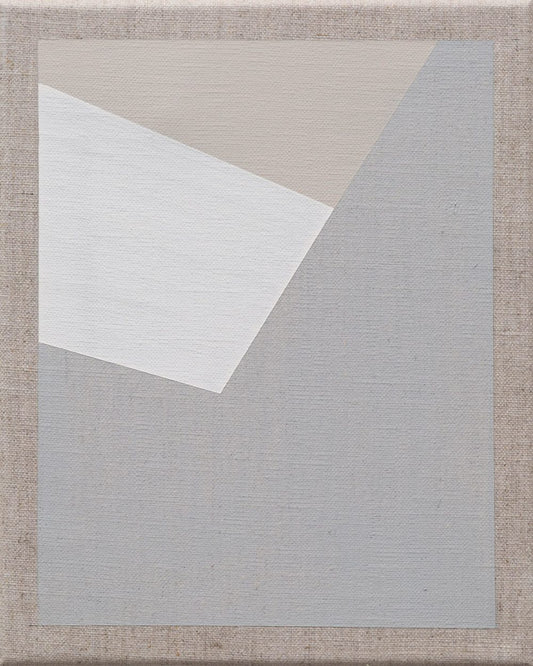 Minimalist geometric painting with overlapping beige, white, and gray shapes on a neutral background.