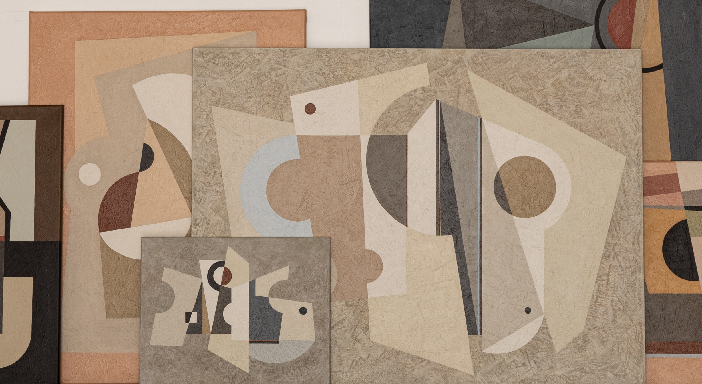 Abstract paintings with layered geometric shapes and earthy tones, featuring textured and organic designs.